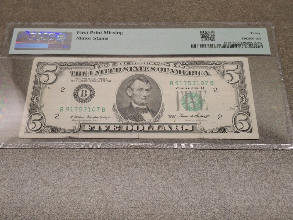 1985 $5 Fr#1978-B Missing Print Error PMG 30 Federal Reserve Note