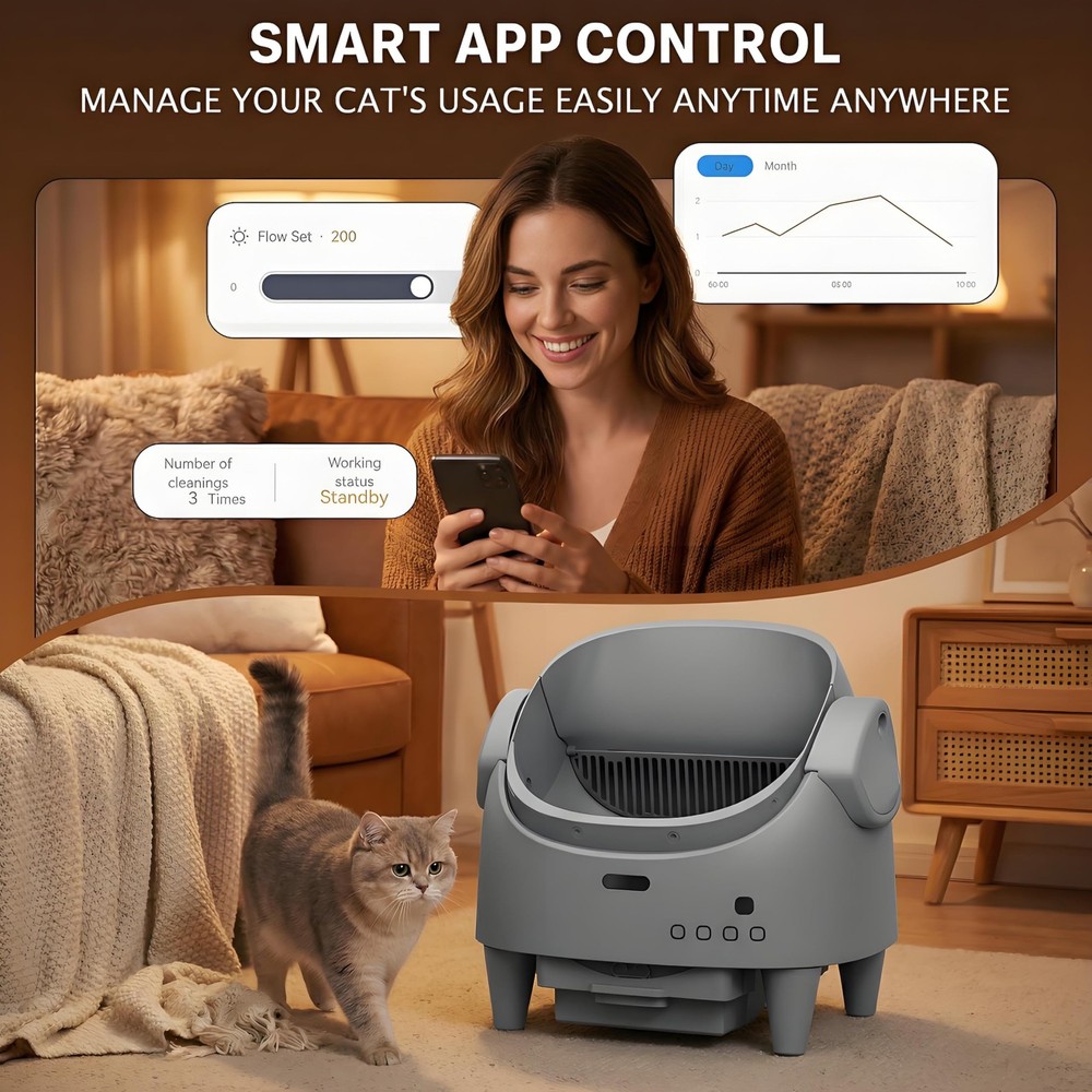 Smart Automatic Litter Box for Multi Cats, App Control & Adjustable Entry Height