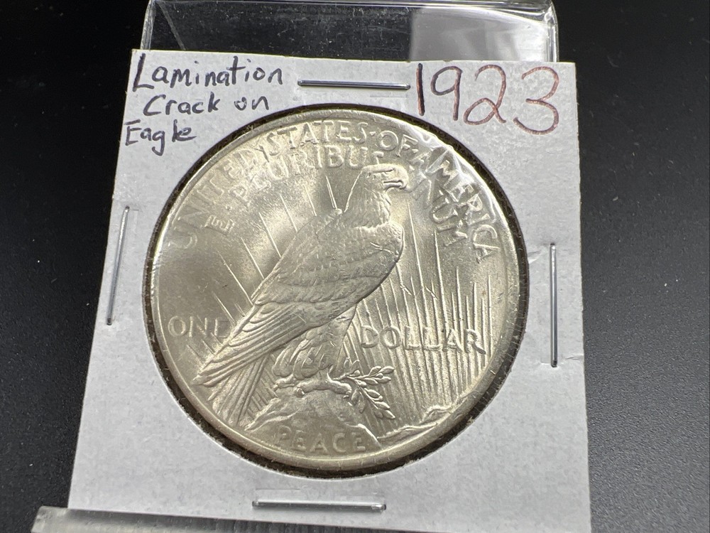 1923 P $1 Peace Silver Dollar Coin Reverse Lamination Error CH BU