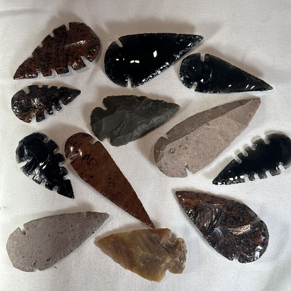 12 PC Mix Lot Arrowhead Collection Obsidian, Agate, Jasper Serrated & Plain Edge