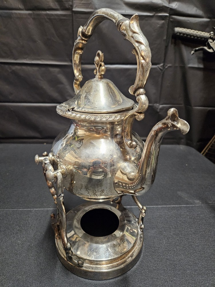 VINTAGE Birmingham Silver Co Silver on Copper Tilting Teapot on Stand w Warmer
