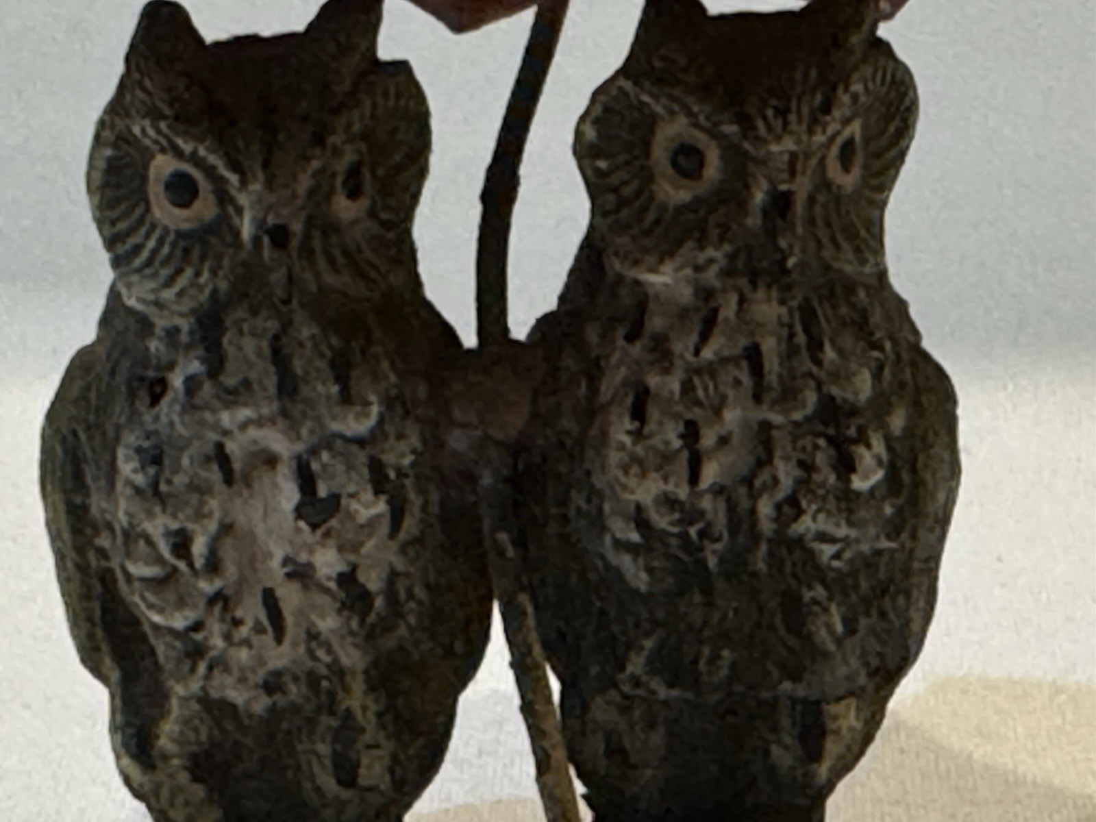 Antique Austrian Bronze Pair of Owls with Red Umbrella- Hand Painted 2in