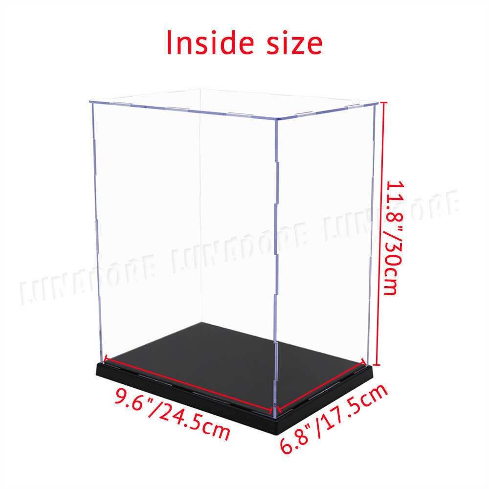 US 11.8"H Large Acrylic Display Case Self-Install Box Plastic Base Dustproof UV