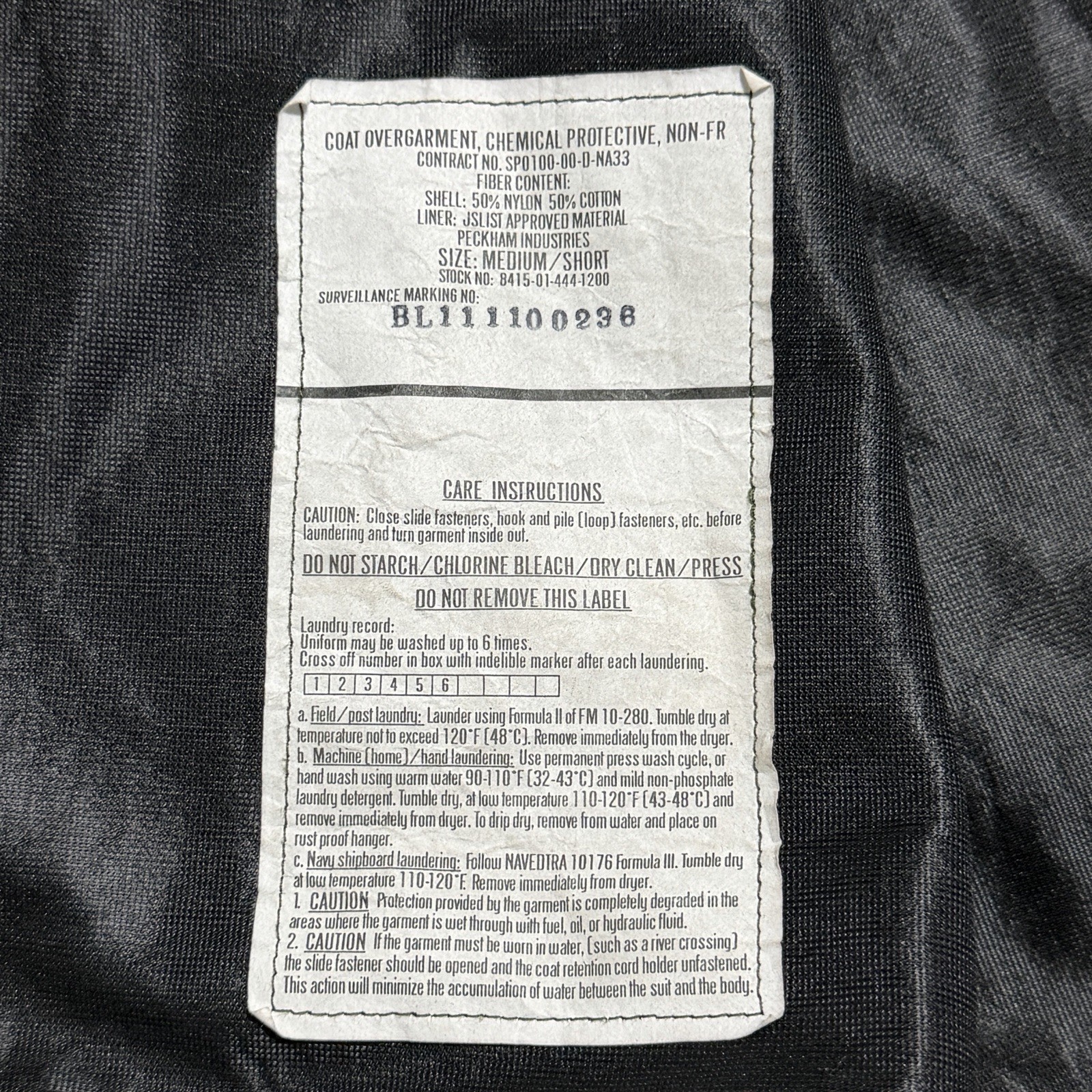 Military Chemical Protective Coat Medium Short # 8415-01-444-1200 Overgarment