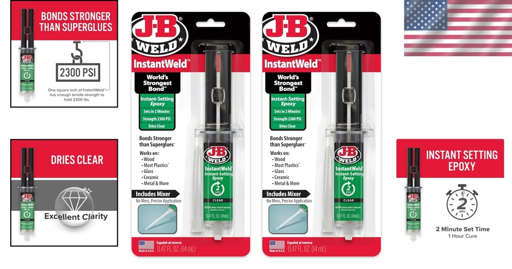 J-B Weld InstantWeld: 2 Pack 14ml Clear Epoxy - Strong Bond, Quick Application