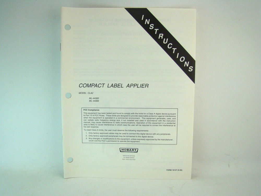 Hobart Compact Label Applier Model CLA2 Instruction Manual
