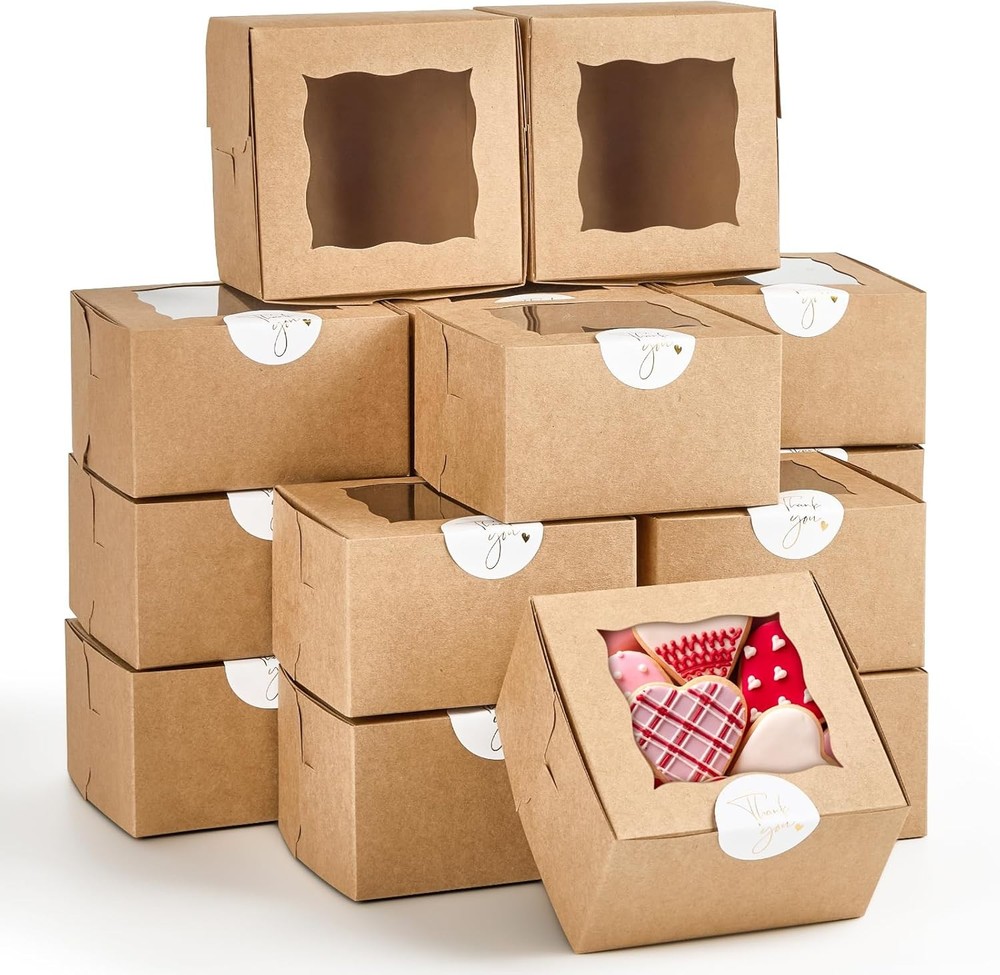 Small Cookie Boxes with Window, 4x4x2.5 Inch Kraft Bakery Boxes