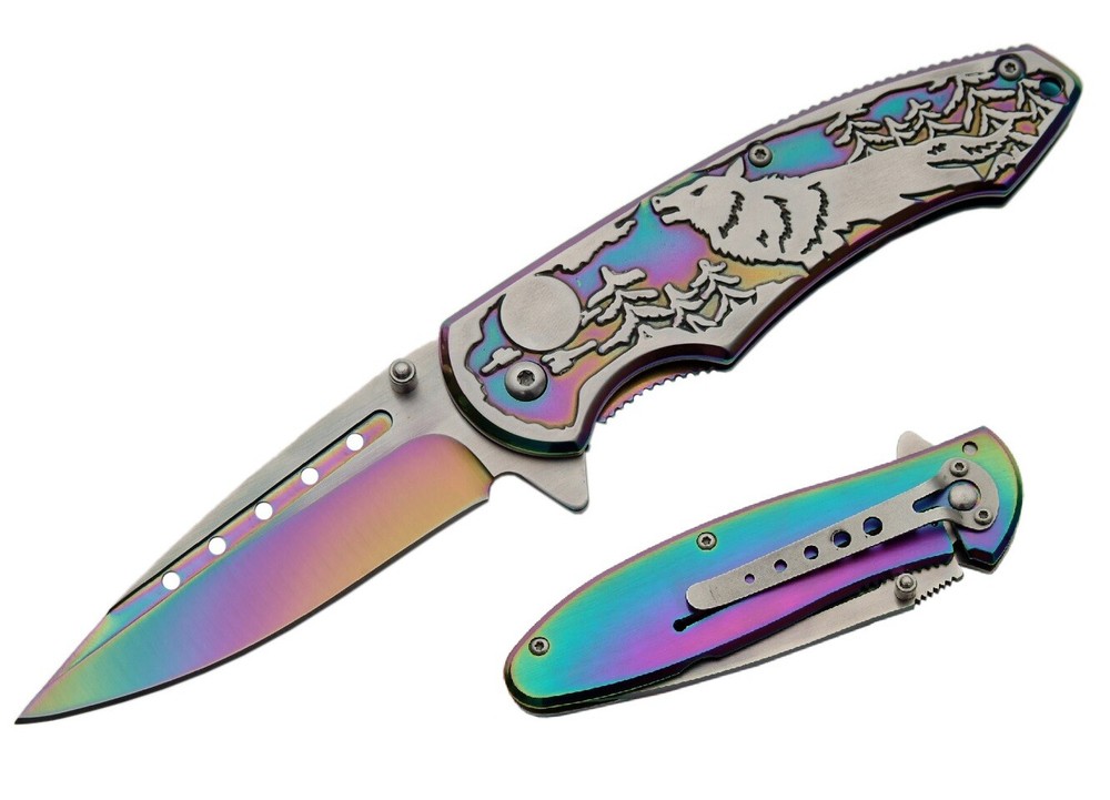 Spring-Assist Folding Knife | Rainbow Wolf Embossed Titanium Oxide Blade/Handle