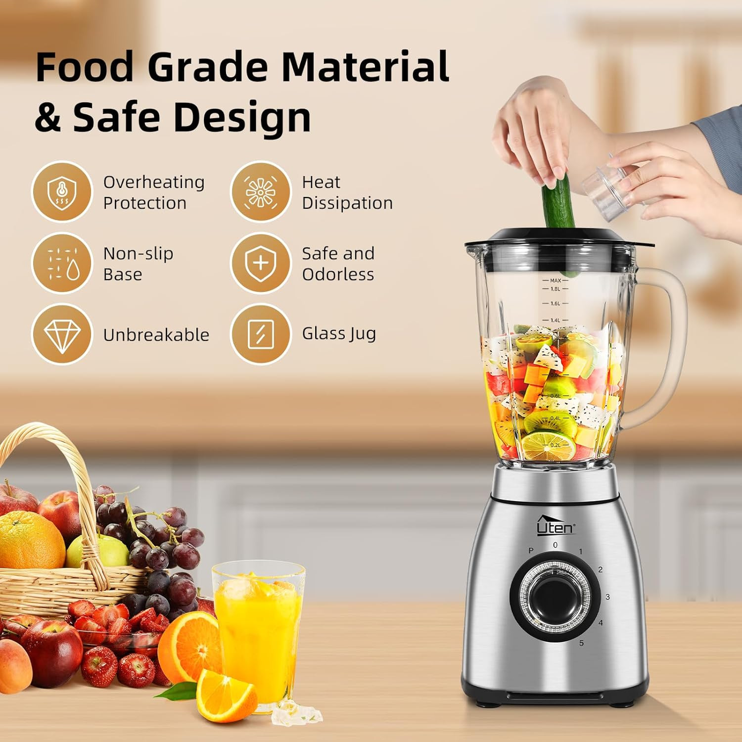 Blender Glass Stainless Steel 1800W Ice Crusher Smoothie Maker Universal Mixer