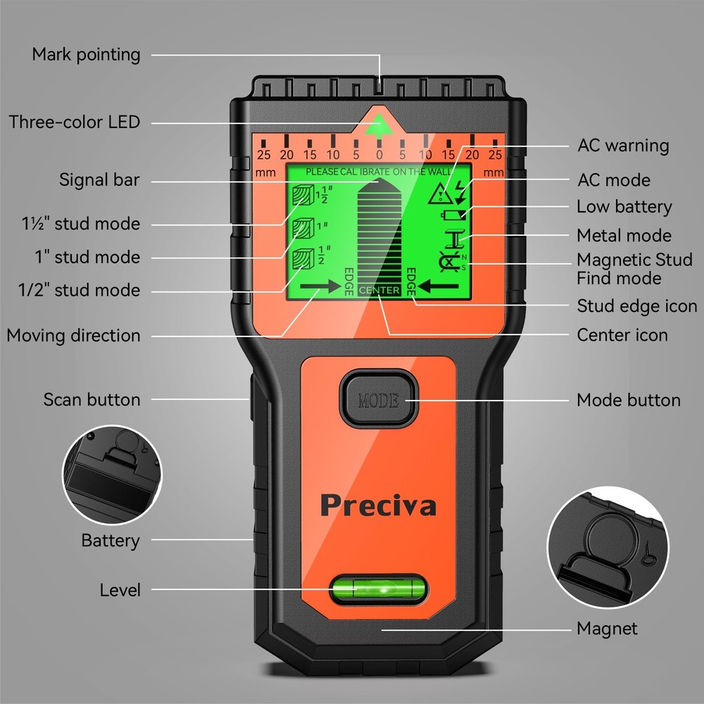 Stud Finder Wall Scanner-8 in 1 Multifunctional Wall Detector with 6 Modes & ...