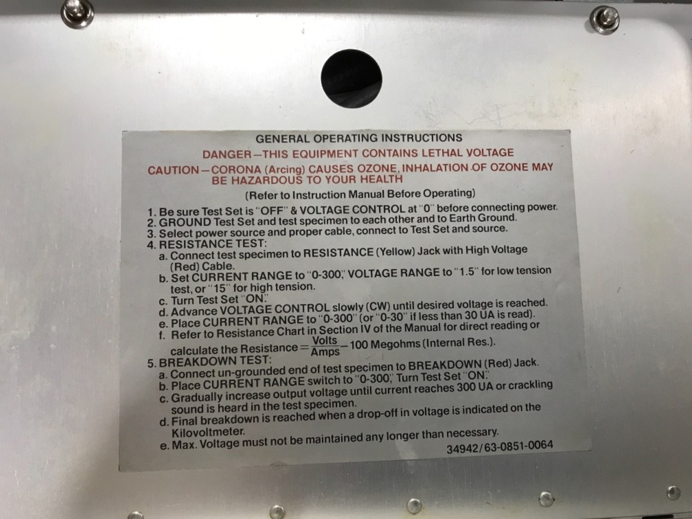 VAL-TRONICS INSULATION AND DIELECTRIC TESTER MD-1A MODEL 0851