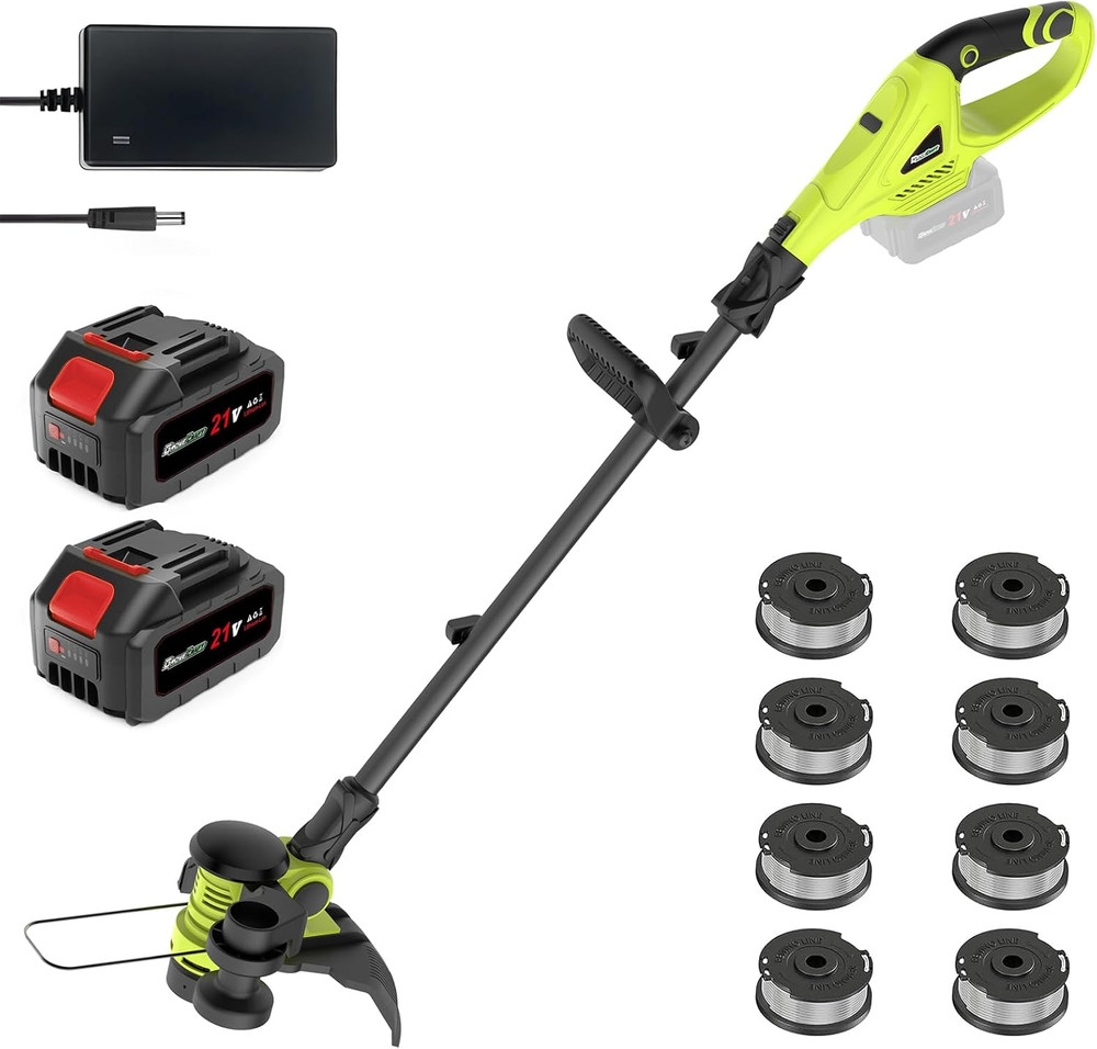 20V Cordless String Trimmer, 2X4Ah Grass Trimmer&Edger with 8 Replacement Spools