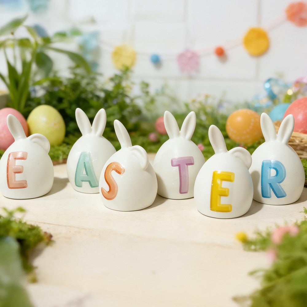 6 Pack Easter Lettered Bunny Decorations, Ceramic Lighted White Rabbit Figurines