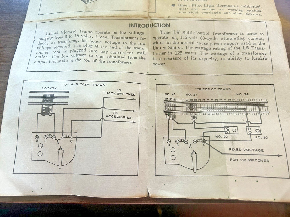 LIONEL LW MULTI CONTROL TRANSFORMER INSTRUCTION Dated 6/60 Postwar