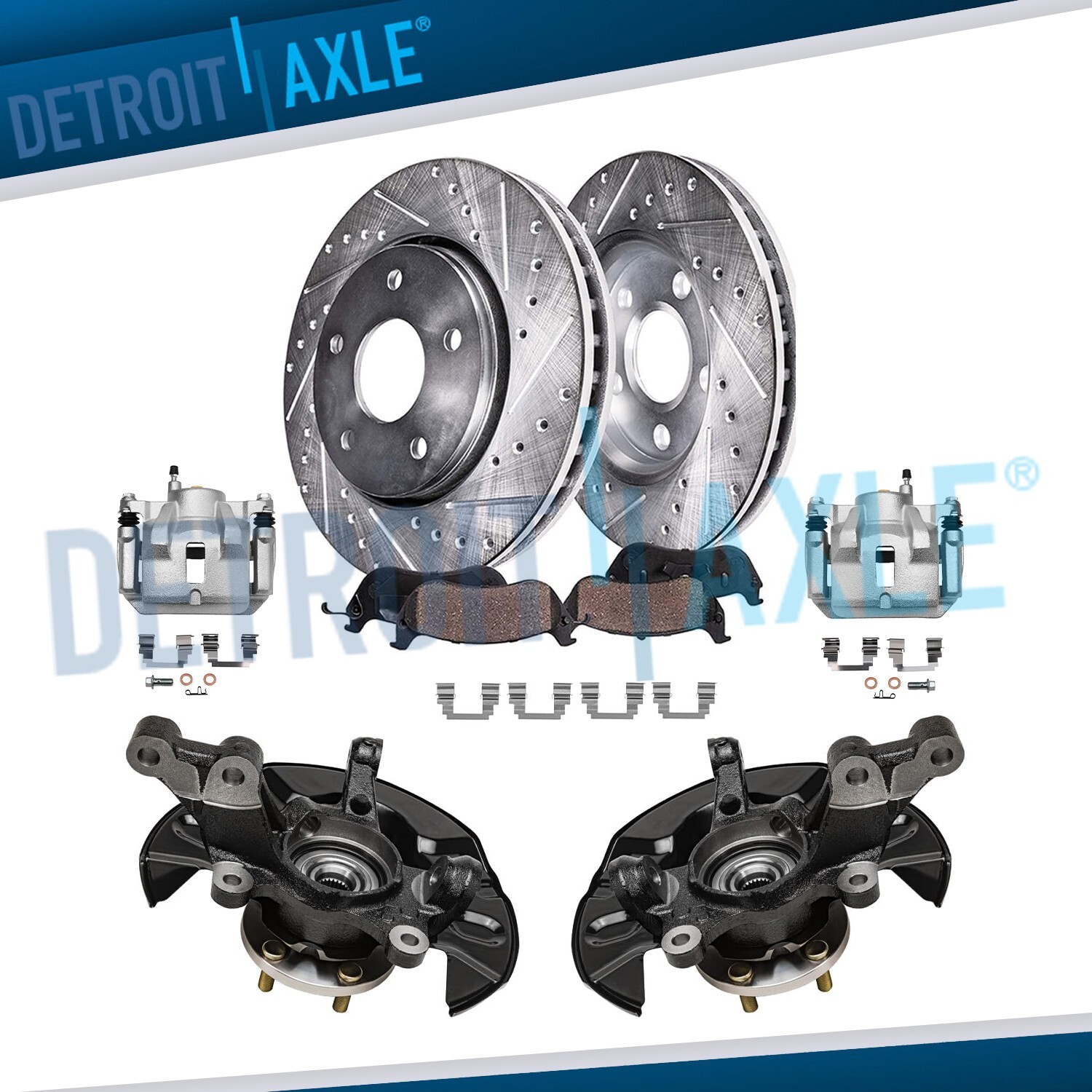 Front Steering Knuckles Drilled Rotors Calipers Kit for 2003-2008 Toyota Corolla