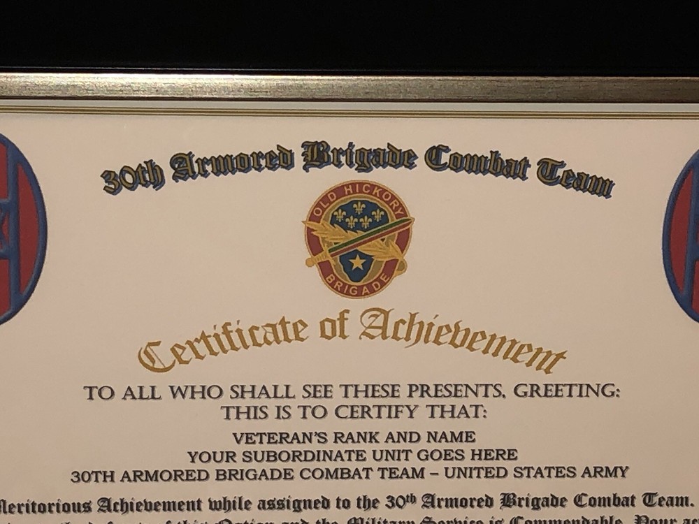30TH ARMORED BRIGADE COMBAT TEAM - COA / (COMMEMORATIVE CERTIFICATE)