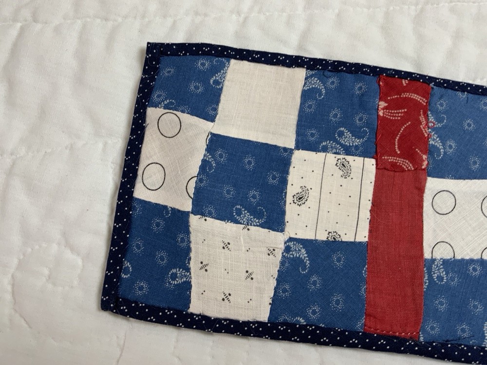 Antique Vintage Patchwork Quilt Table Topper, Nine Patch, Rectangle, Blue & Red