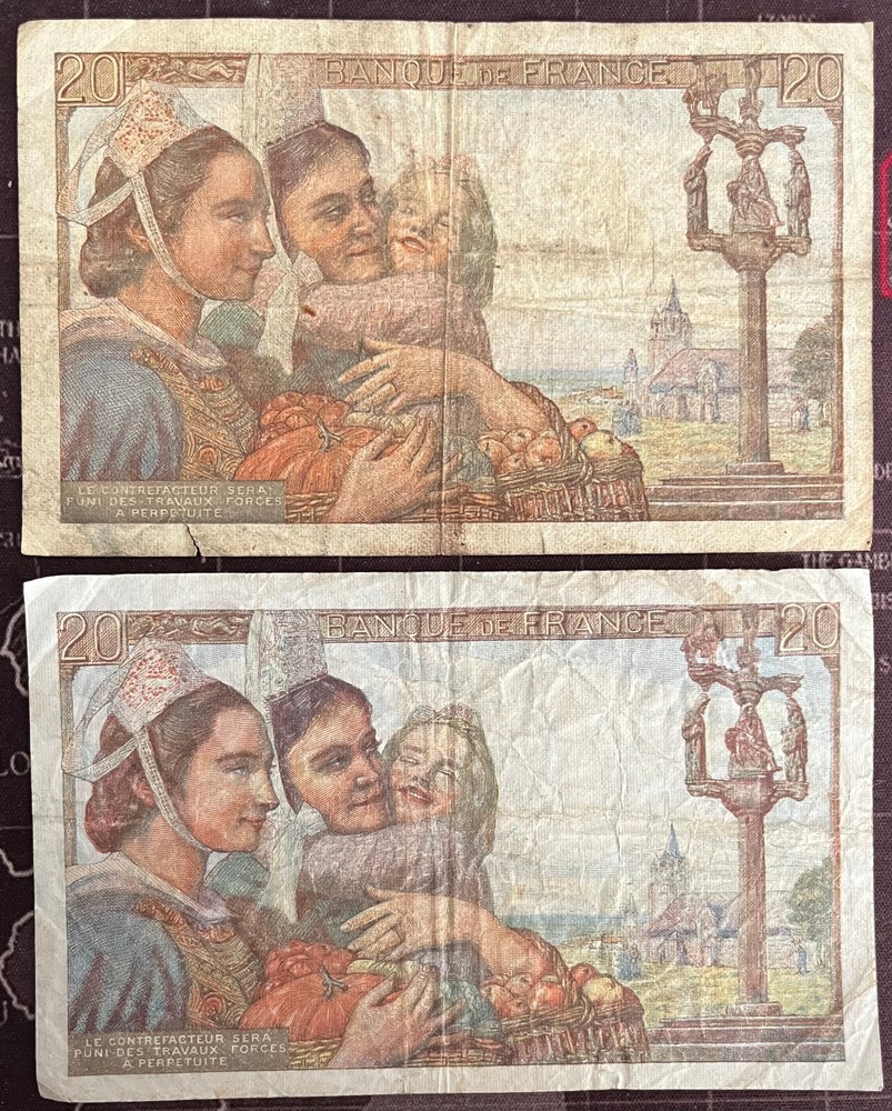 FRANCE 1942 & 1949 LE PECHEUR 20 FRANC NOTES (2 NOTES)
