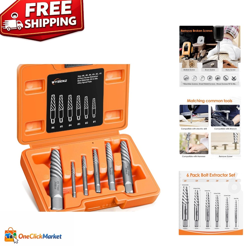 Efficient 6-Piece Spiral Bolt Extractor Set - Ideal for Stripped Screws