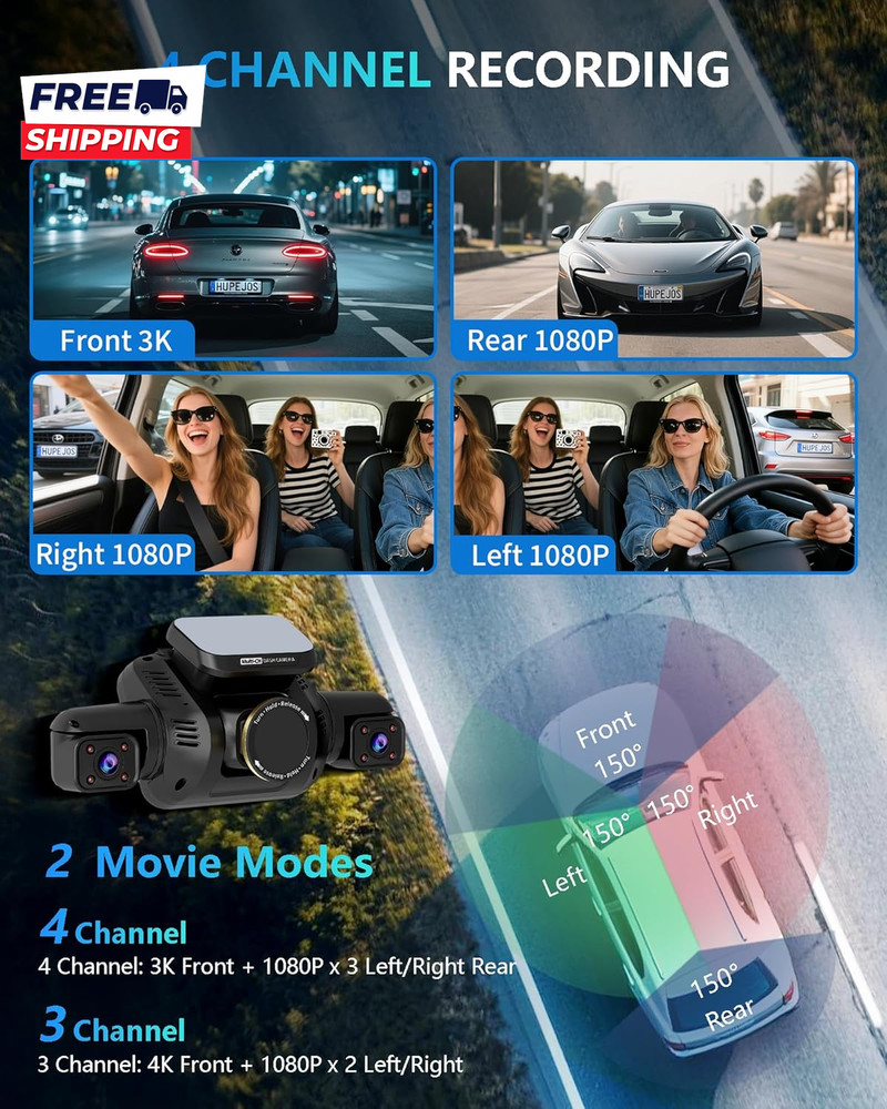 Dash Cam 4 Channel Front and Rear Inside 360° Car Camera 4K UHD, Dash Camera
