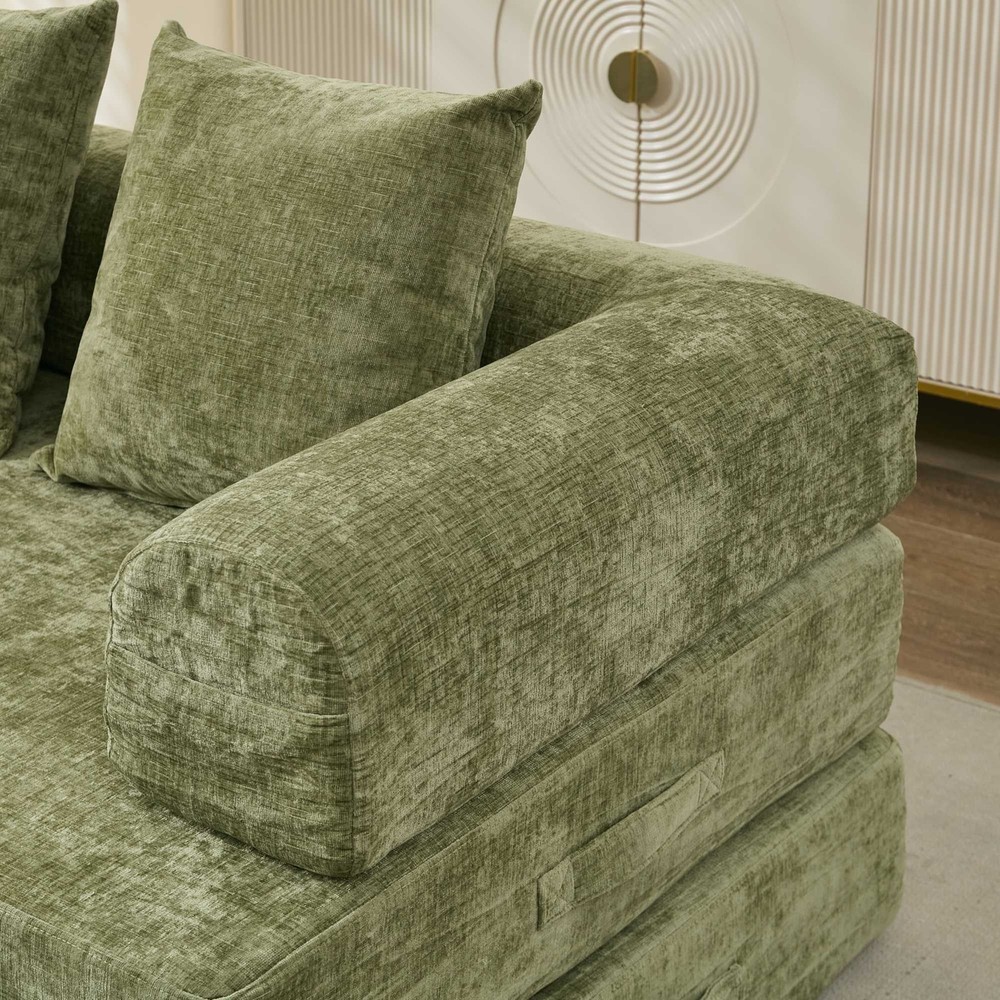Multi-Functional Floor Sofa Convertible Folding Chenille Bed Sofa Couch Green