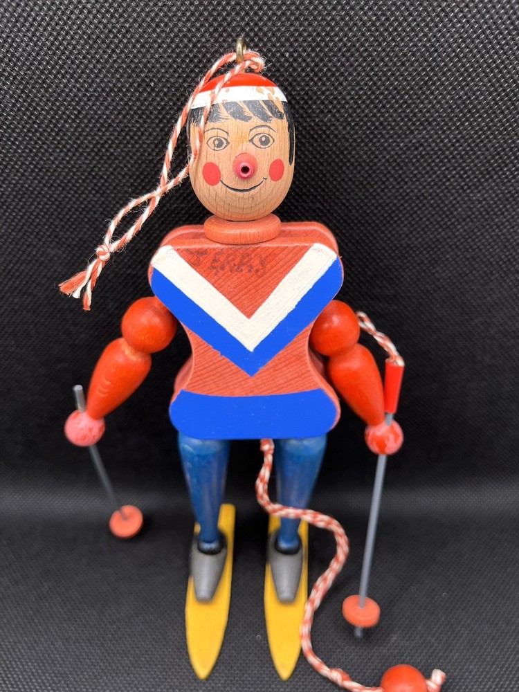Vintage Wood Pull String Skiing Boy Puppet Austria Jumping Jack READ