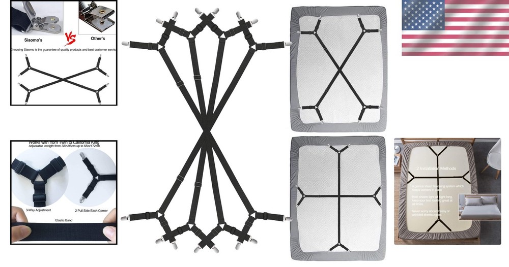 Adjustable Bed Sheet Clips - 4 Pack with Secure Crisscross Design, Black