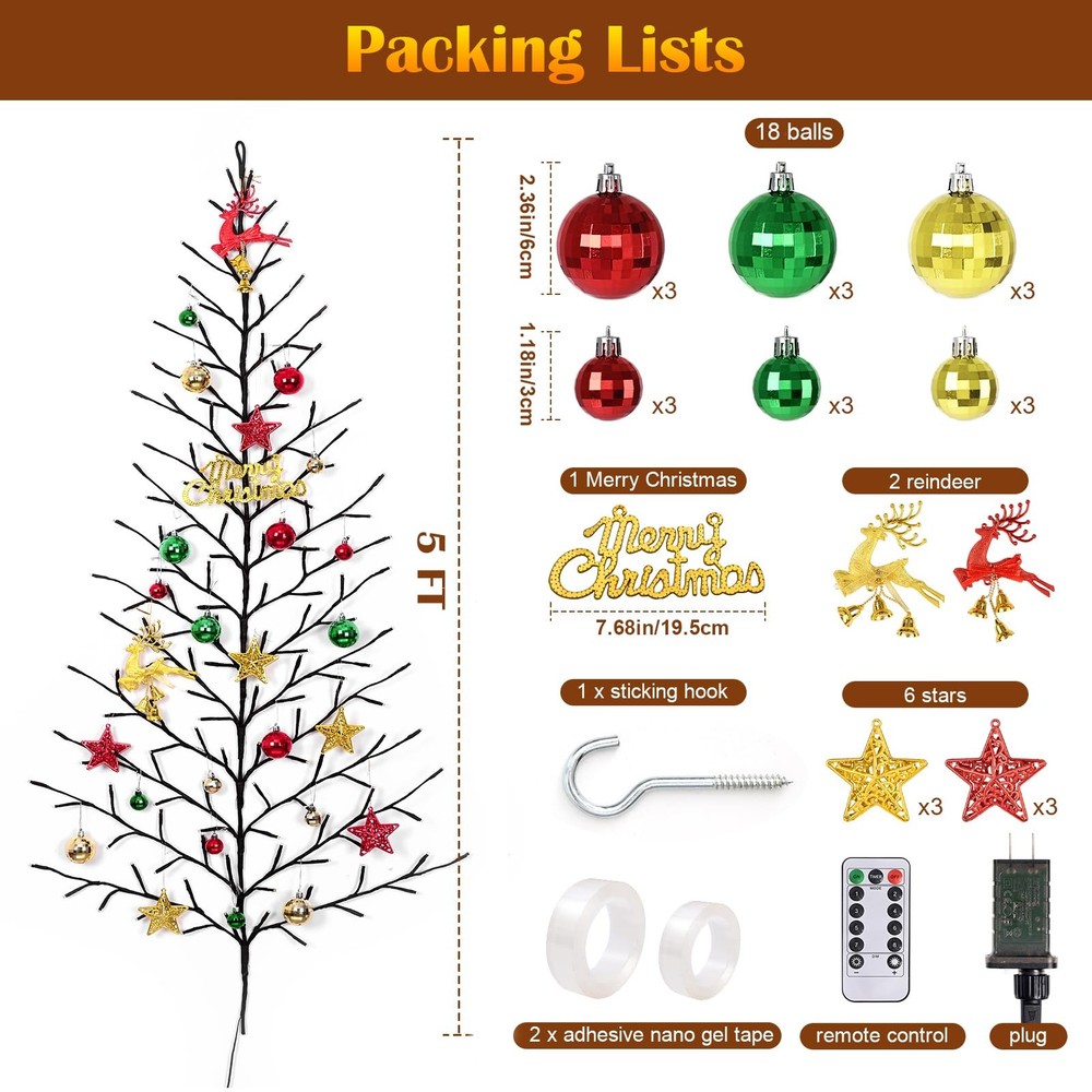 Yinhua 5 FT Wall Christmas Tree Light, Light Up Wall Tree with Remote Timer, ...