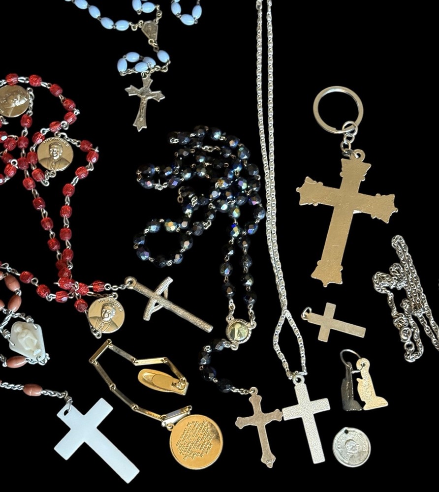 Great Vintage Lot Catholic Rosaries/Charms/Pins/Necklaces Etc. Lot Of 29 Pieces