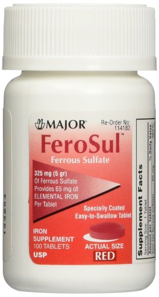 4 Pack Major Ferosul Ferrous Sulfate 325Mg Red Tablets 100 Each