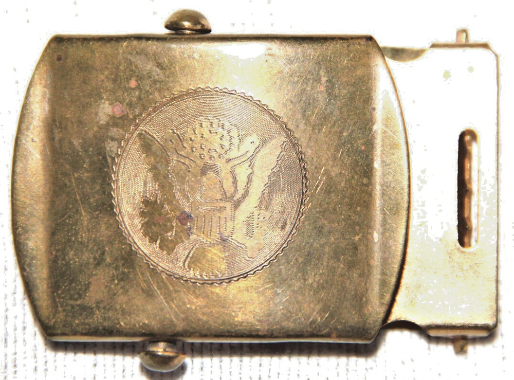 ORIGINAL WWII SOLID BRASS TROUSER BELT BUCKLE WITH US ARMY INSIGNIA ENGRAVING