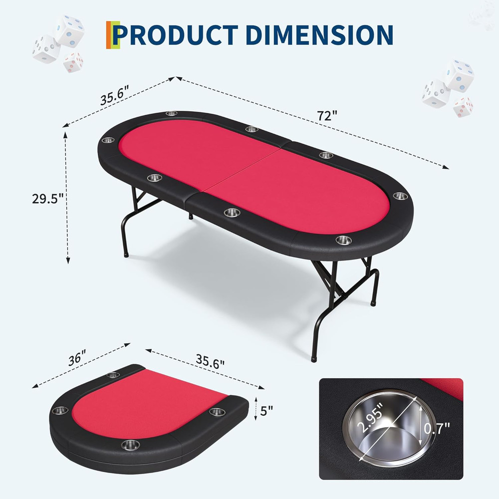72" Foldable 8-Player Poker Table with Cup Holders & Storage Bag - Red