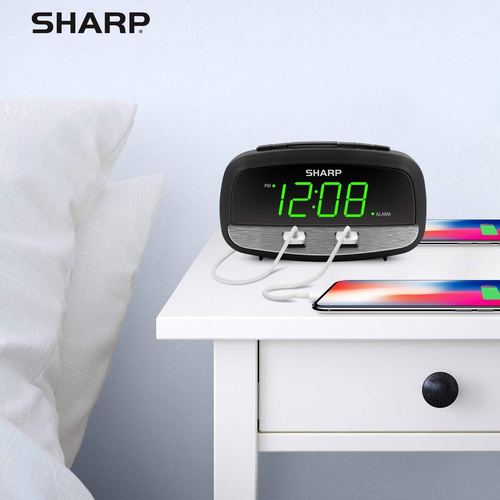Sharp Digital Clock with Alarm and Dual USB FastCharge Charging Green Led