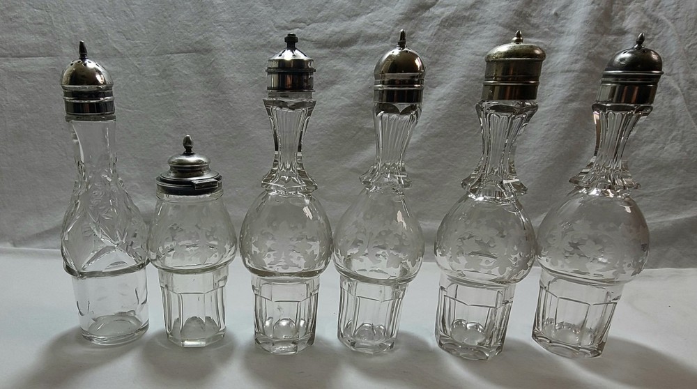 Antique Cruet Castor Set 6 Bottles / Inserts Glow Under Black Light Silverplate