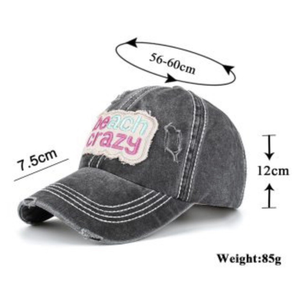 New Grey Black Washed Embroidered Beach Crazy Baseball Cap