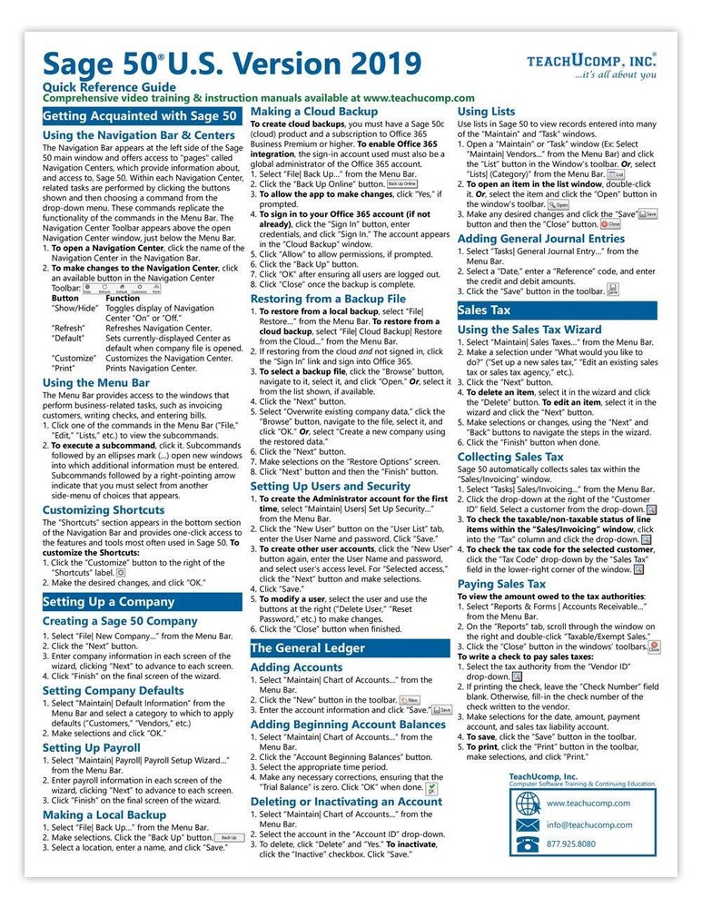 Sage 50 2019 Training Guide Quick Reference Card 4 Page Cheat Sheet Instructions