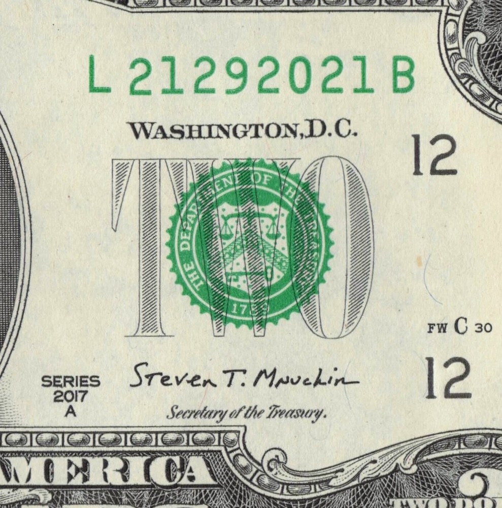 2017A Fancy Serial# 2$ L21292021B w/Serial Number Crisp Uncirc Year Note 2021