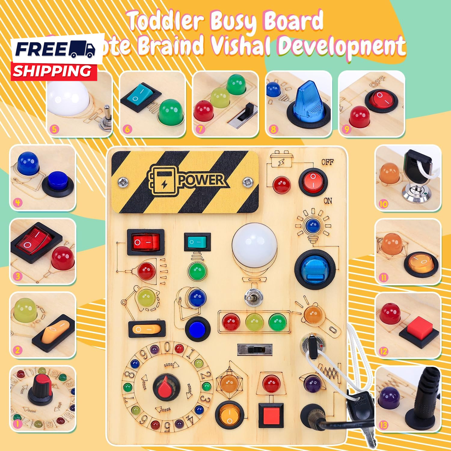 Busy Board with LED Light Switches Montessori Toys for 1 2 3 Years Old Toddlers