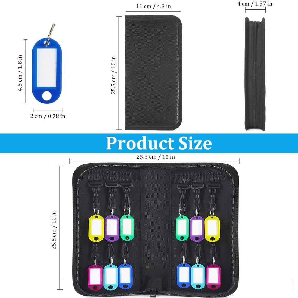 12 Key Portable Zippered Key Organizer, Fireproof, Waterproof Case, Tags