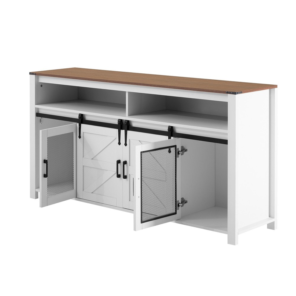 Sideboard with Sliding Barn Door and Mesh Panel Farmhouse Buffet Open Storage