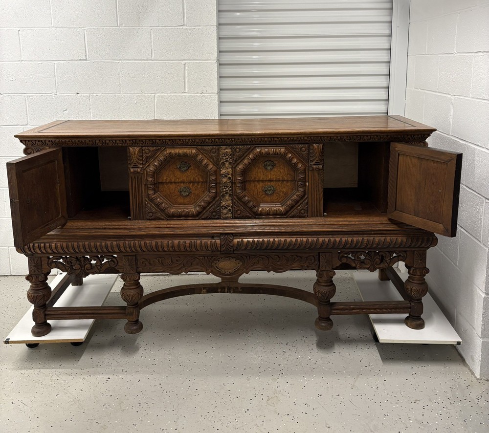 Antique hand carved oak buffet sideboard 74.5 inches long - solid & beaufiful