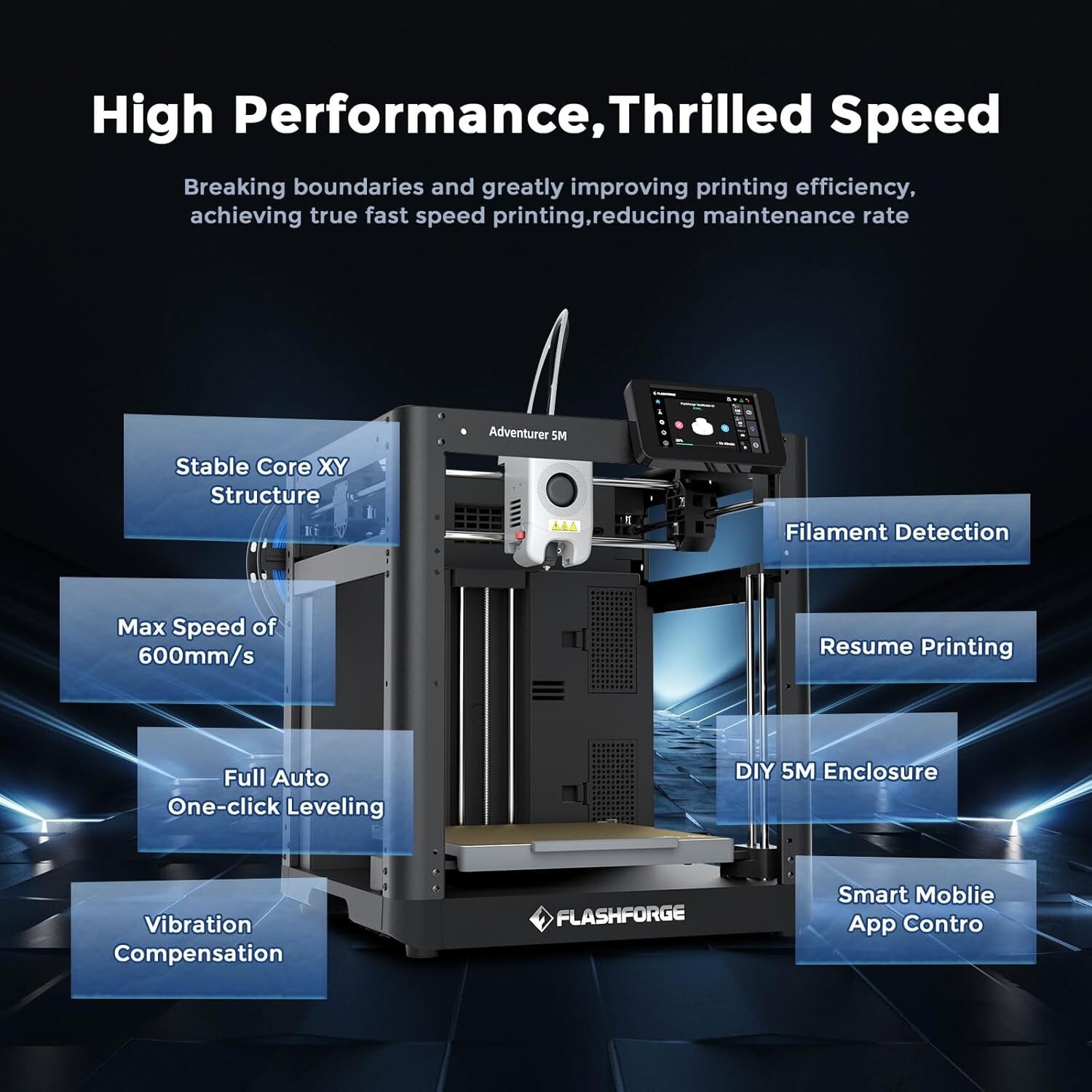 FLASHFORGE Adventurer 5M 3D Printer Fully Auto Leveling w/ Max 600mm/s Core XY