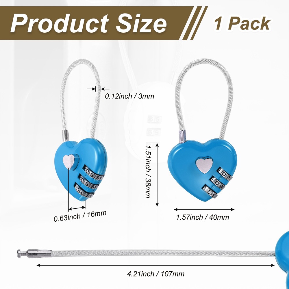1-Pack Combination Padlock, 3 Digit Heart Shaped Cable Luggage Lock [Blue]