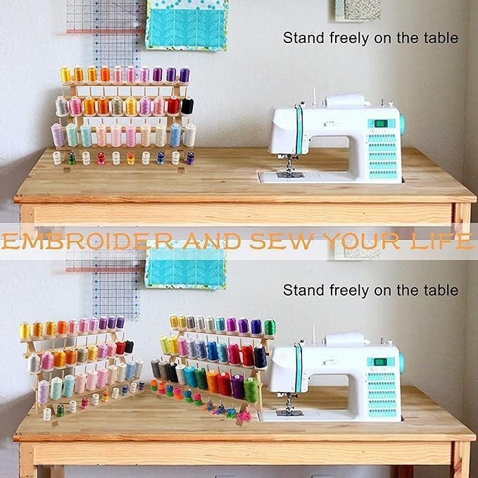60 Spools Wooden Thread Rack/Thread Holder Organizer with Hanging Hooks for E...