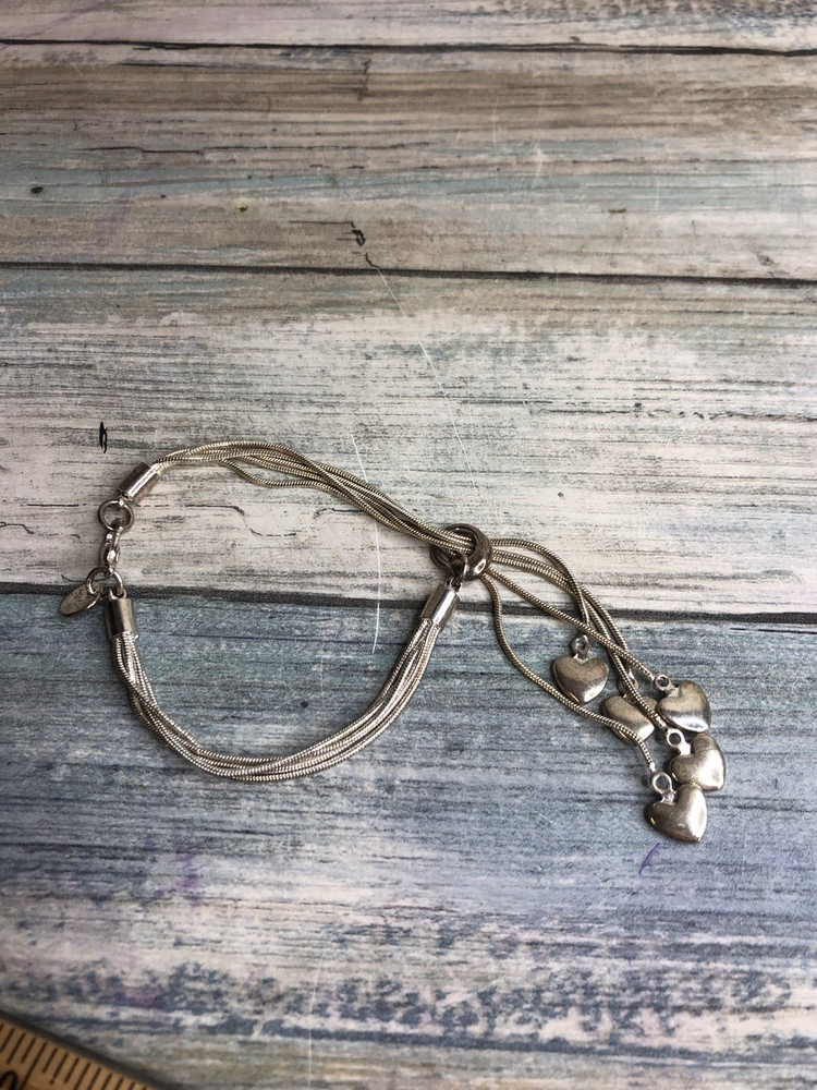 925 Sterling Silver Multiple Strand Loop Through Tassel Heart Bracelet