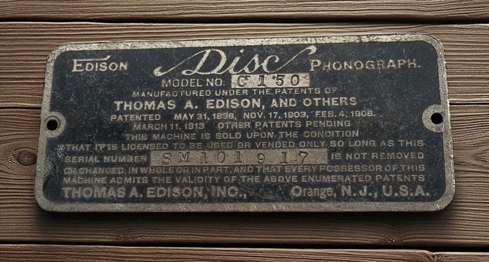 Edison Phonograph Advertising Serial Data Plate Model C150