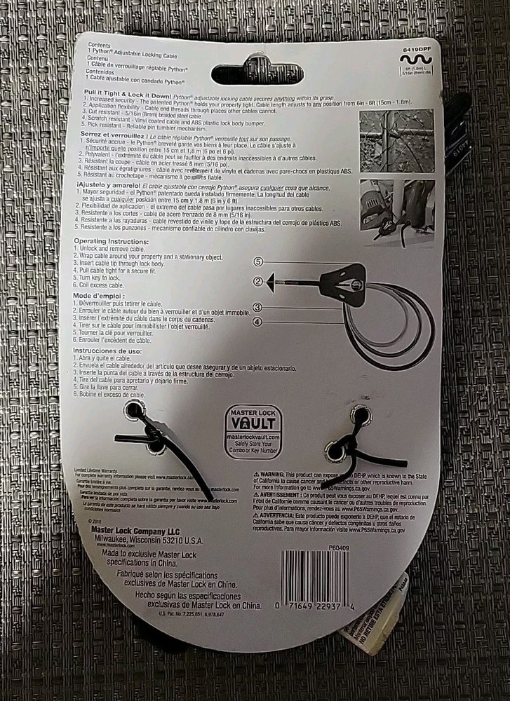 NEW Master Lock 6 Ft. Python Adjustable Locking Cable- Keys Included