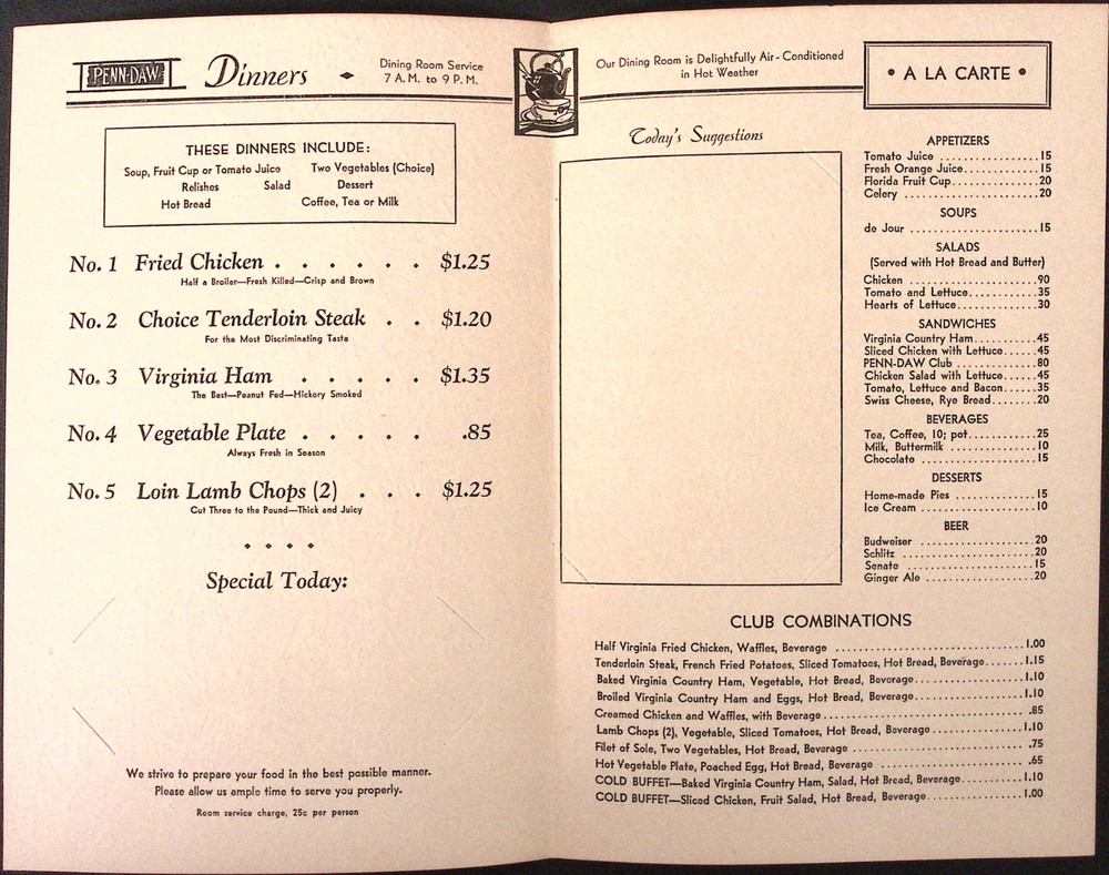 Penn Daw Restaurant Dinner Menu Alexandria VA