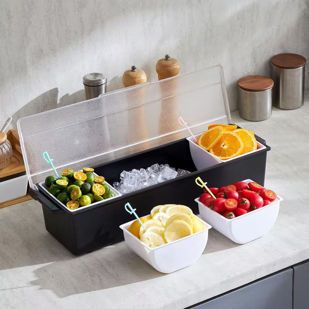 Chilled Condiment Server, 4 Compartment Ice Cooled Condiment Serving Container,