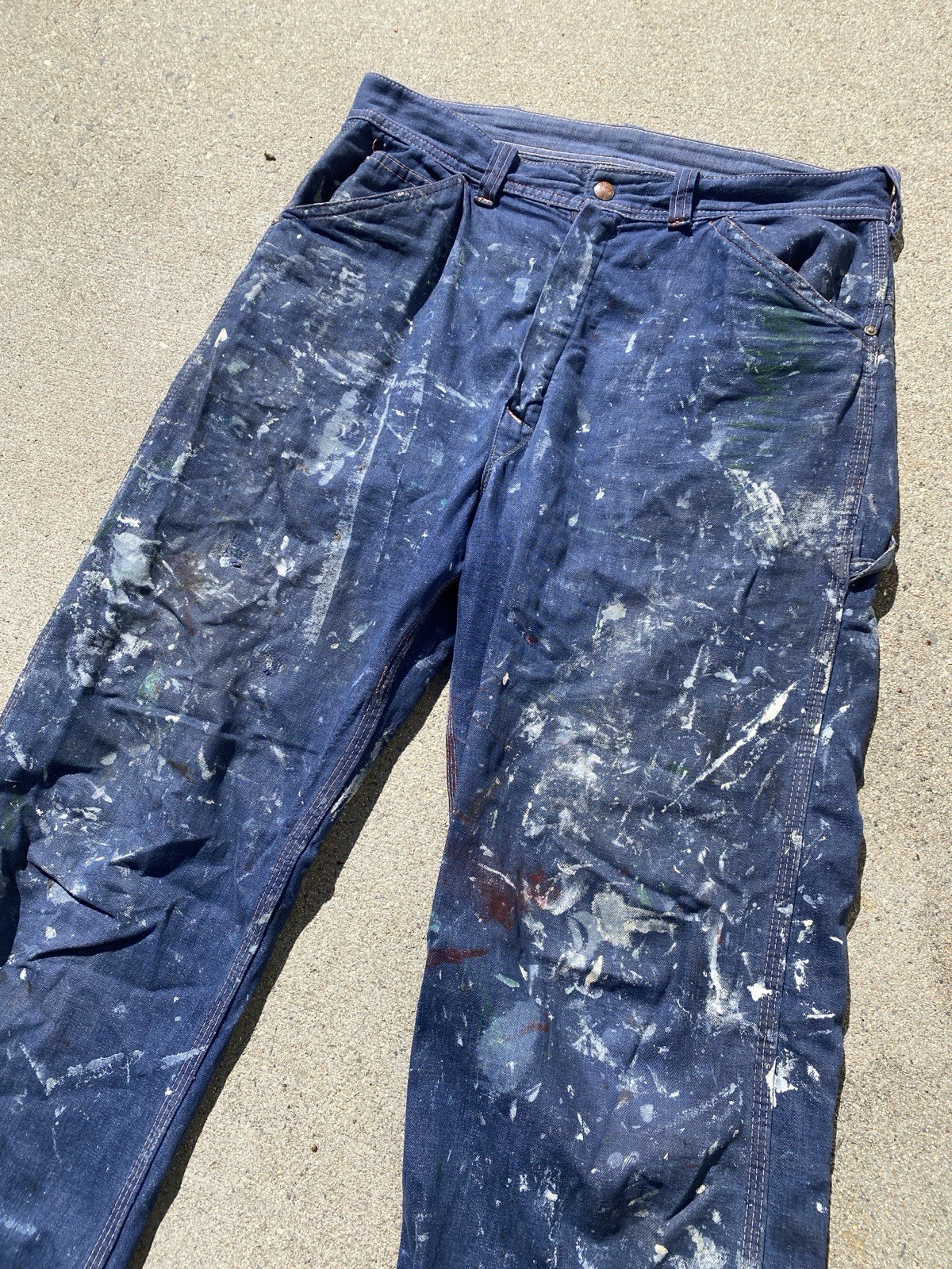 Vintage 60s Paint Splatter Carpenter Pants BLue Thrashed Repaired 32x30 Workwear